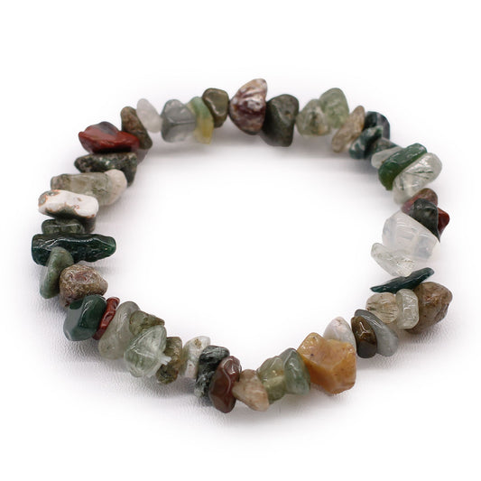 Classic moss agate chipstone bracelet featuring polished green gemstone pieces on a flexible elastic cord.