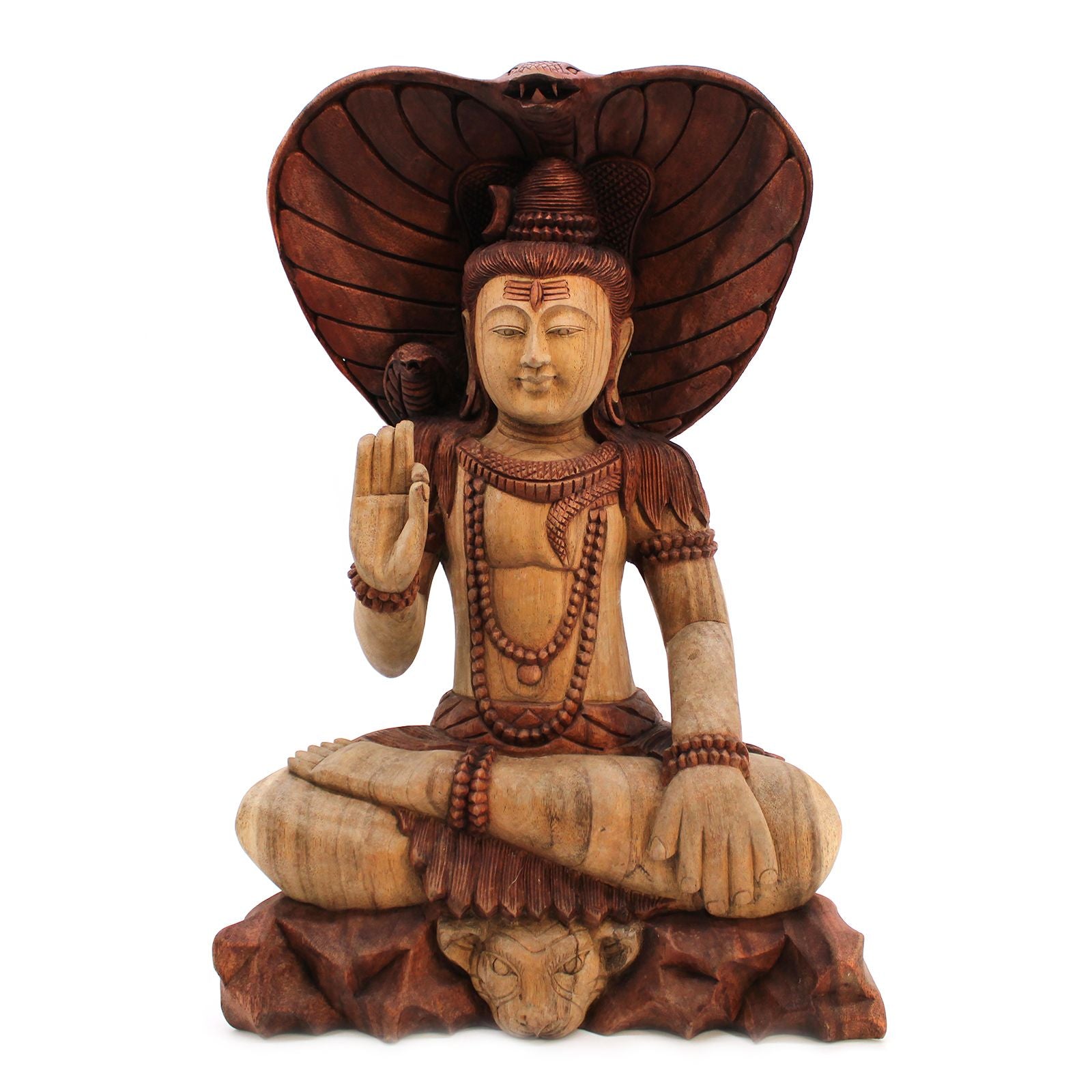 Detailed hand-carved Suar wood statue of Lord Shiva with a cobra, featuring intricate Balinese craftsmanship.