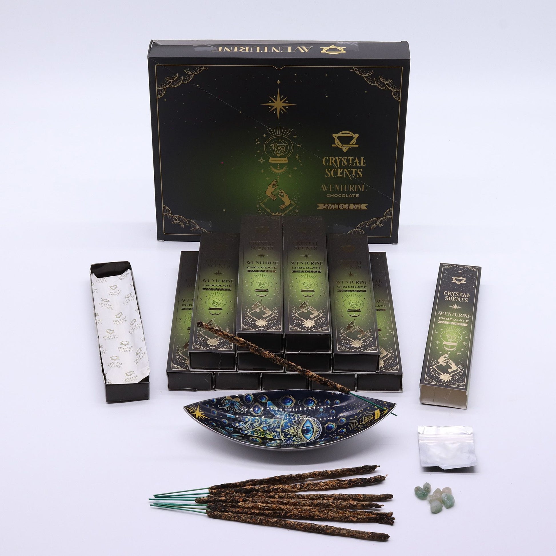 Handcrafted chocolate scented smudge incense sticks featuring green aventurine crystal chipstones in a decorative box.