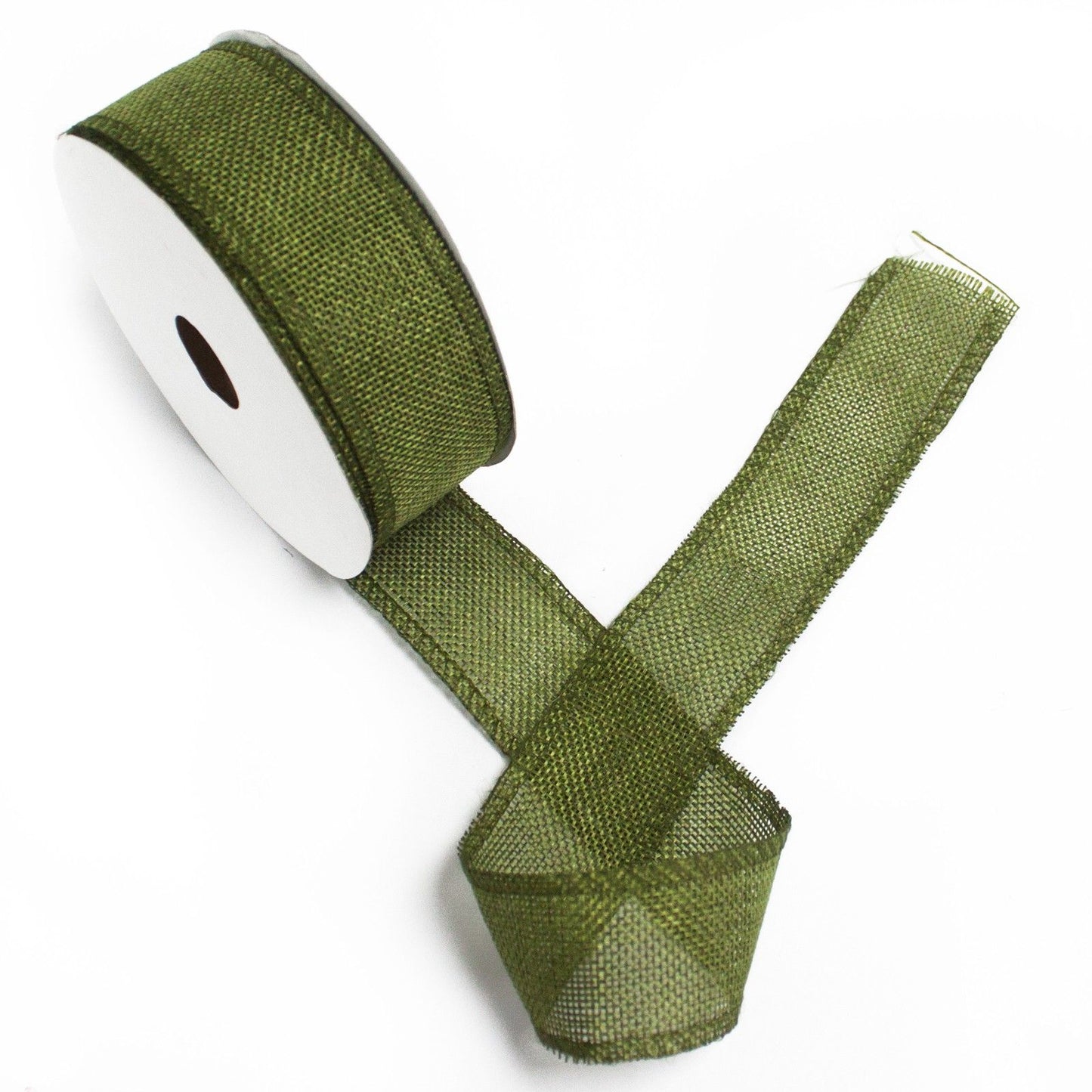 Close-up of a roll of forest green natural texture ribbon made from non-woven fabric.