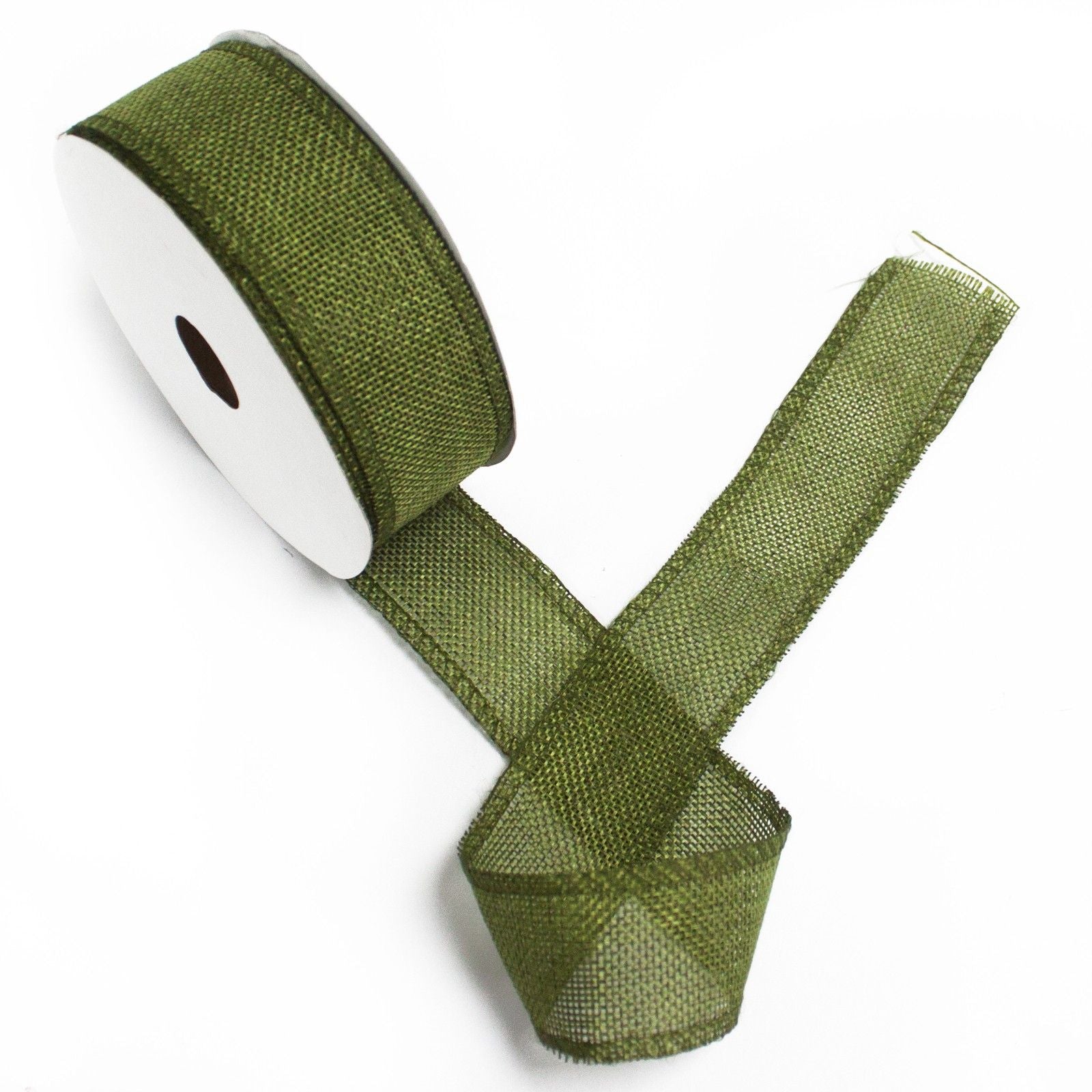 Close-up of a roll of forest green natural texture ribbon made from non-woven fabric.