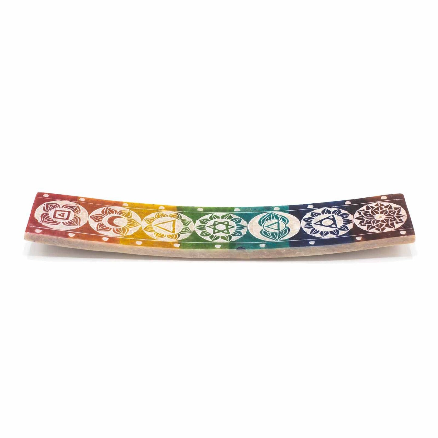 Long rectangular soapstone incense burner engraved with seven colourful chakra symbols and a central hole for sticks.