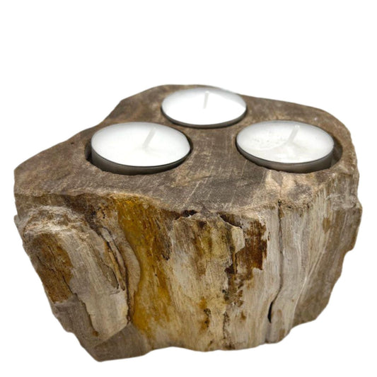 Hand-carved petrified wood triple candle holder with a natural rustic texture and earthy tones.