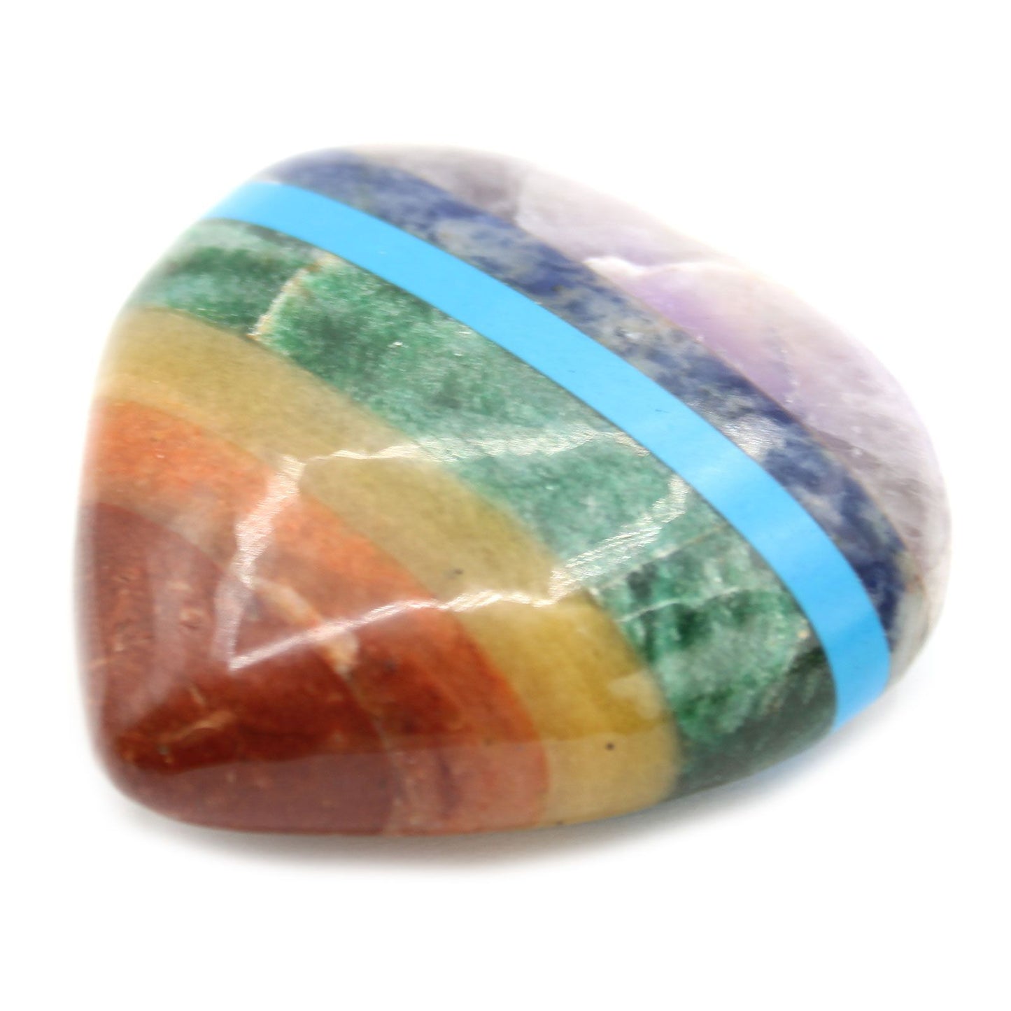 Handcrafted heart-shaped stone featuring seven layers of different coloured gemstones representing the chakras.