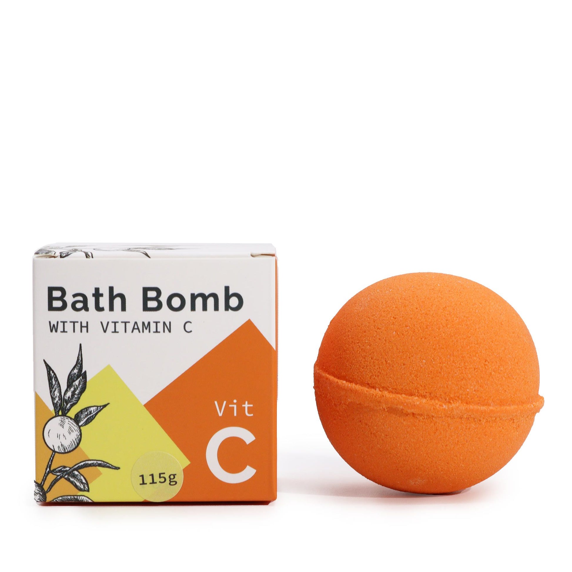 Large circular yellow and orange bath bomb infused with vitamin C and essential oils on a white background.