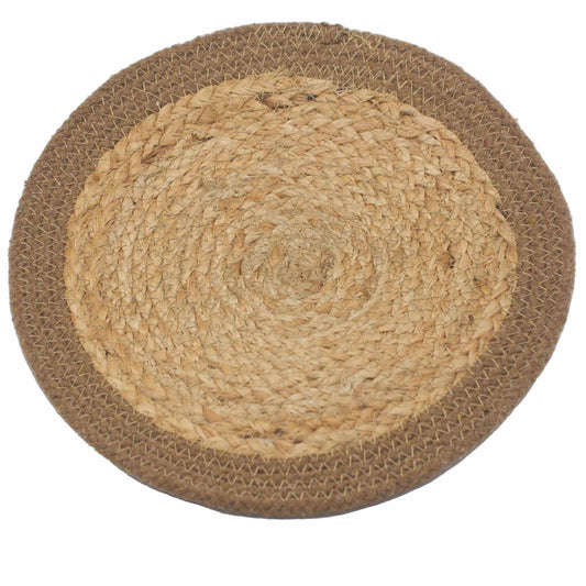 Round woven placemat made from natural jute and cotton fibres with a clean finished border.
