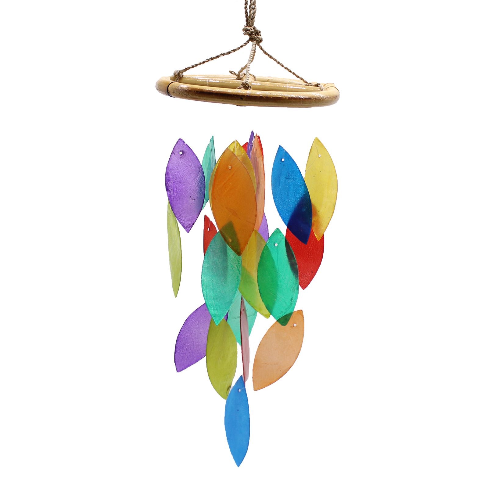 Handcrafted driftwood wind chime featuring colourful leaf-shaped Capiz shells and natural bamboo accents.