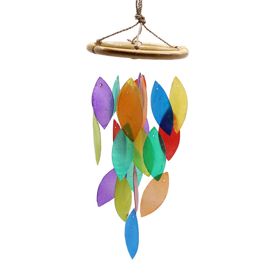 Handcrafted driftwood wind chime featuring colourful leaf-shaped Capiz shells and natural bamboo accents.