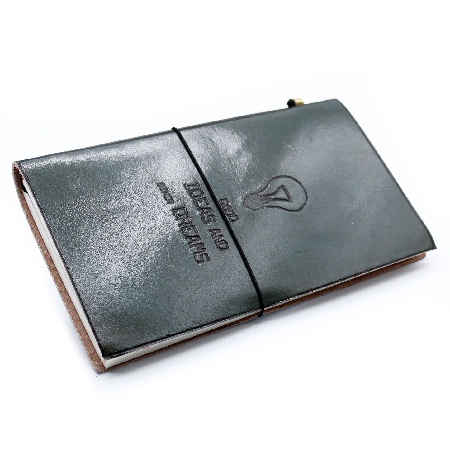 Slim grey leather journal with an embossed quote, featuring a wrap-around band and textured cover.