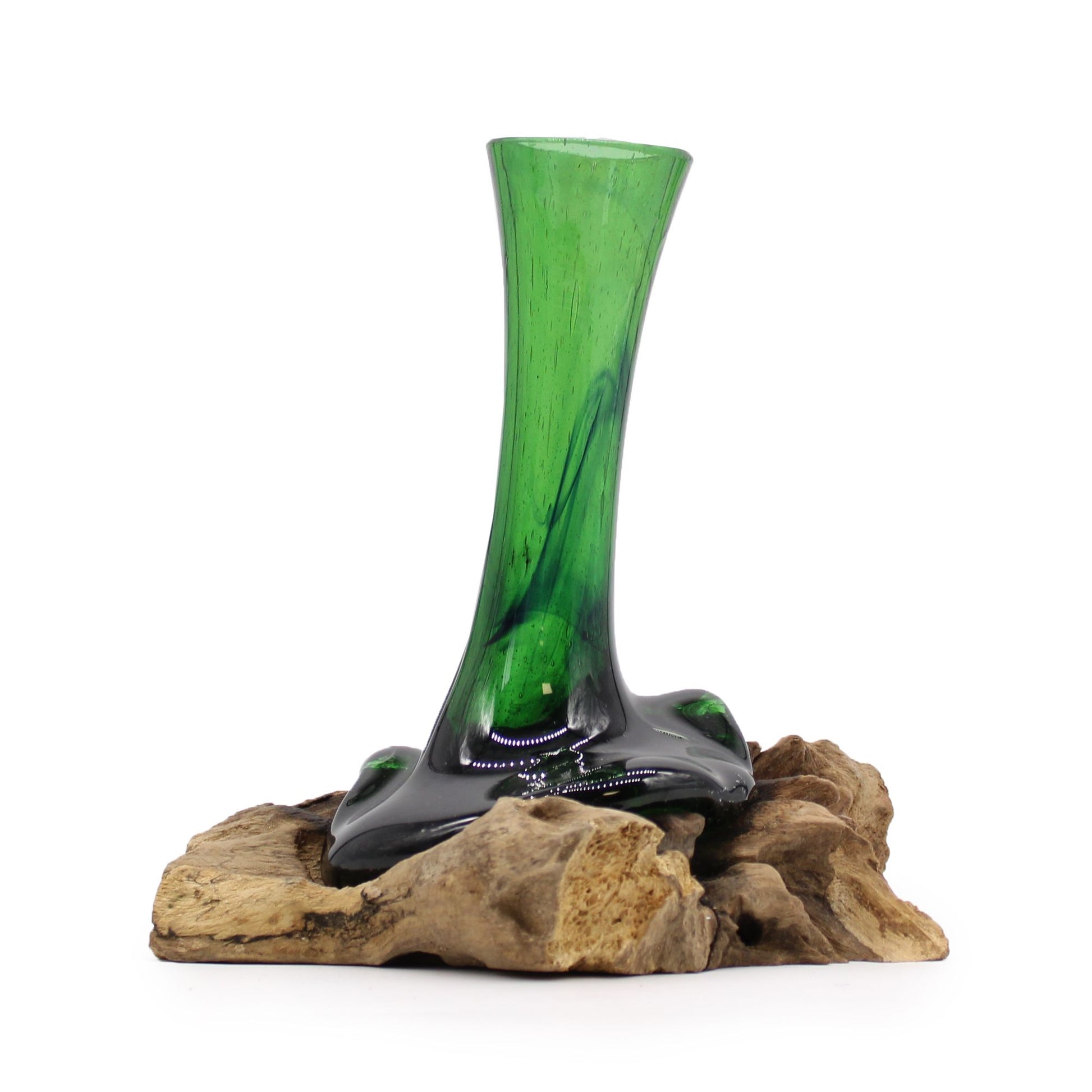 Molten recycled glass beer bottle shaped into a vase and fused onto a rustic wooden base.