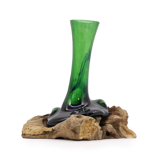 Molten recycled glass beer bottle shaped into a vase and fused onto a rustic wooden base.