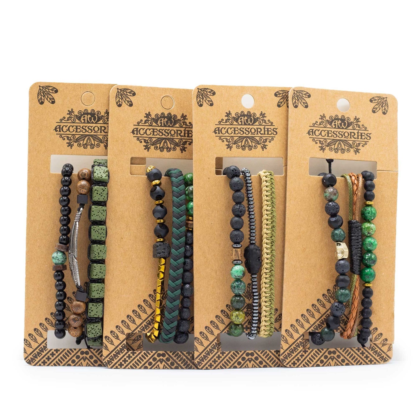 Stack of men's premium beaded and cord bracelets in earthy green and natural tones with a rugged outdoor aesthetic.
