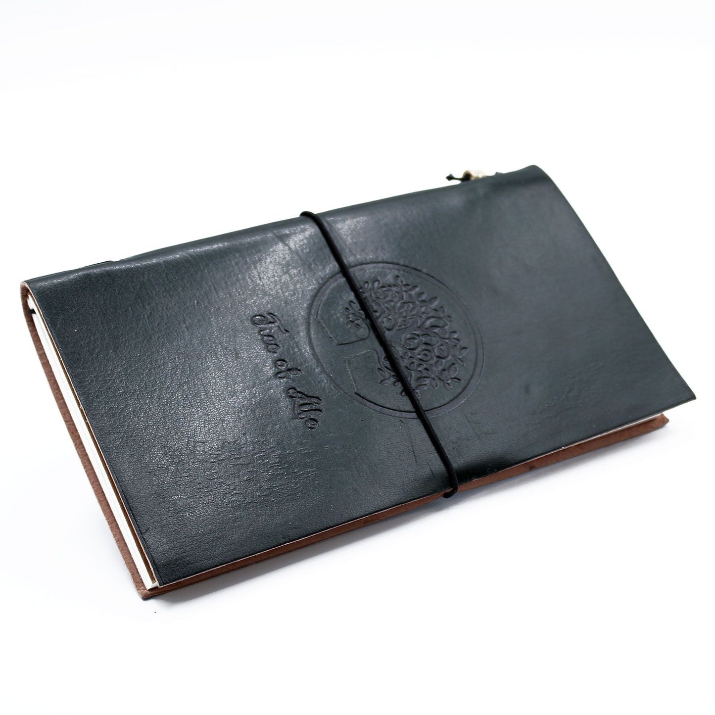Slim green handmade leather journal with an embossed Tree of Life design and a wrap-around leather tie closure.
