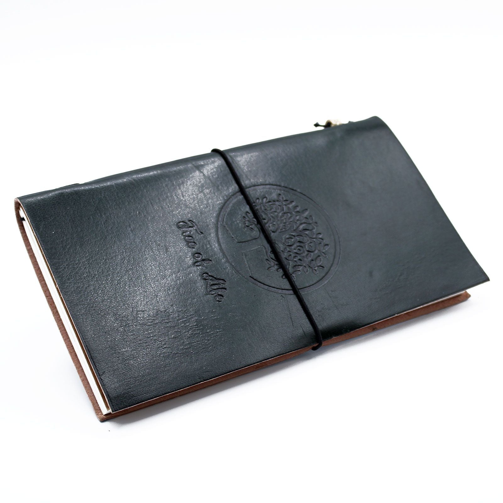Slim green handmade leather journal with an embossed Tree of Life design and a wrap-around leather tie closure.