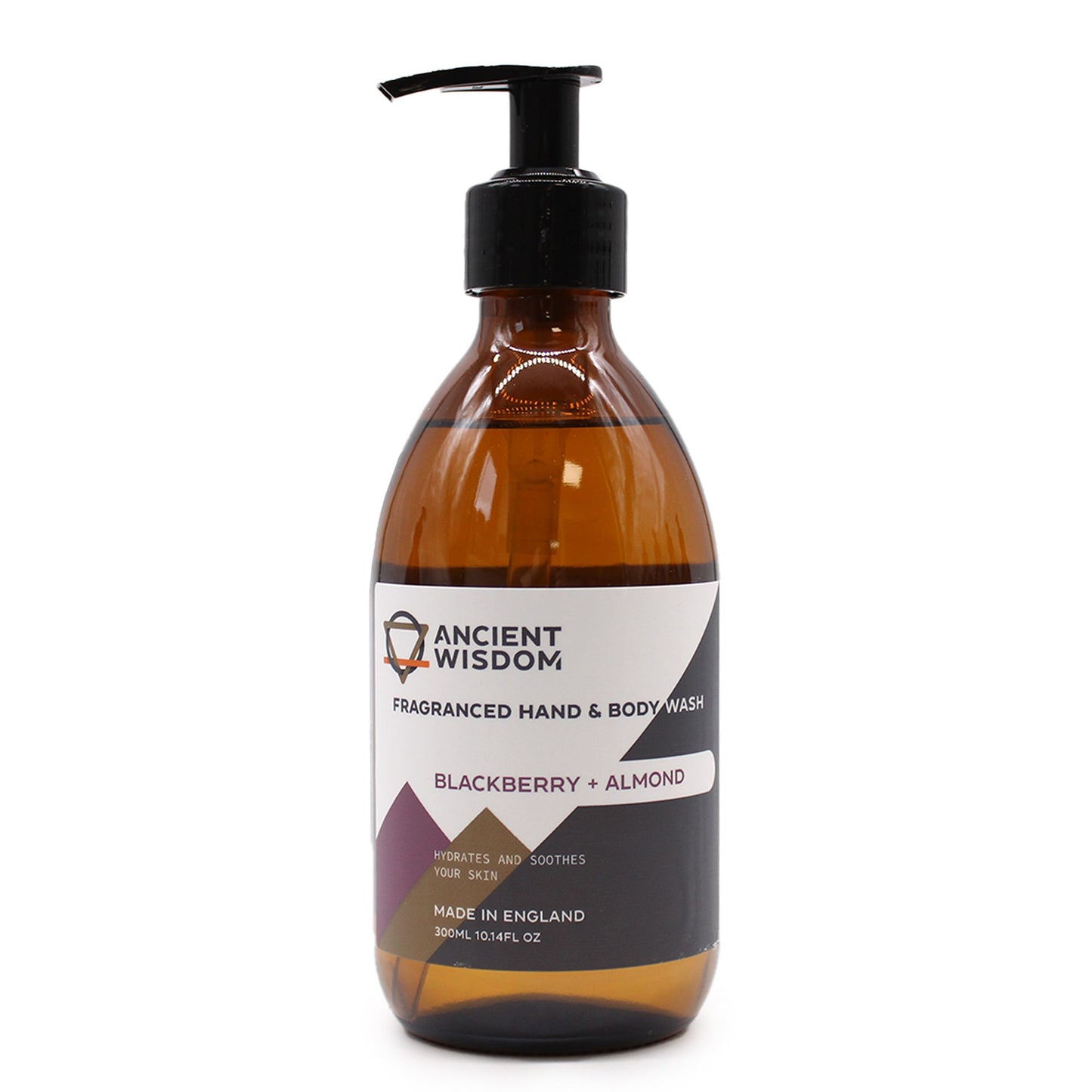 Clear 300ml bottle of purple-toned hand and body wash with a minimalist label featuring blackberry and almond imagery.