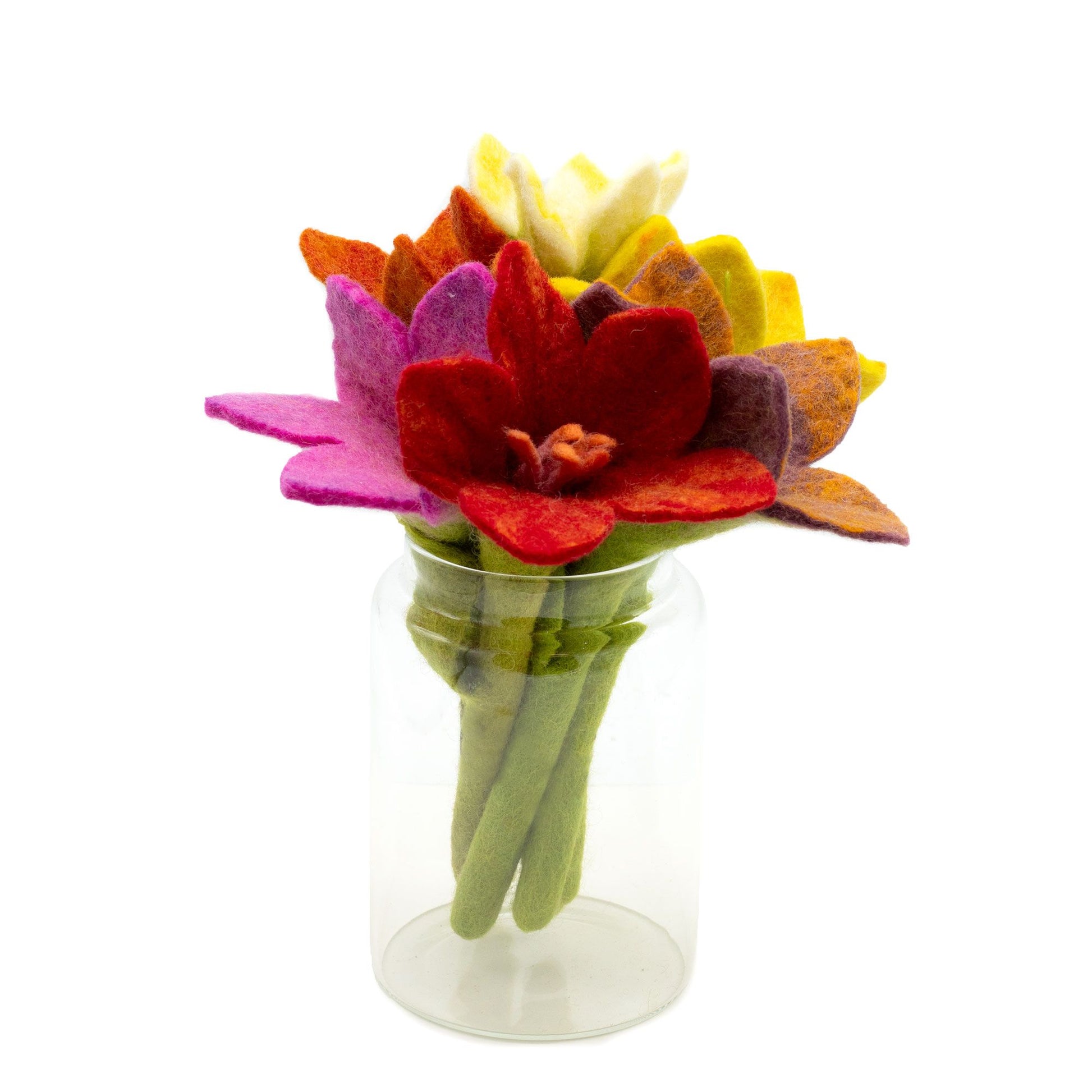 Six handcrafted felt lilies in an assortment of vibrant colours with realistic green stems.