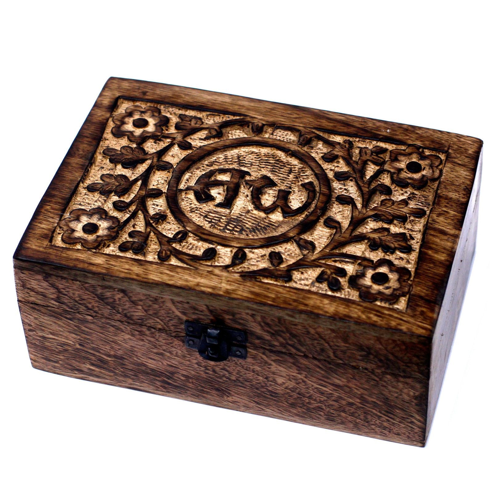 Hand-carved Mango wood aromatherapy storage box with intricate floral designs and 24 individual bottle compartments.