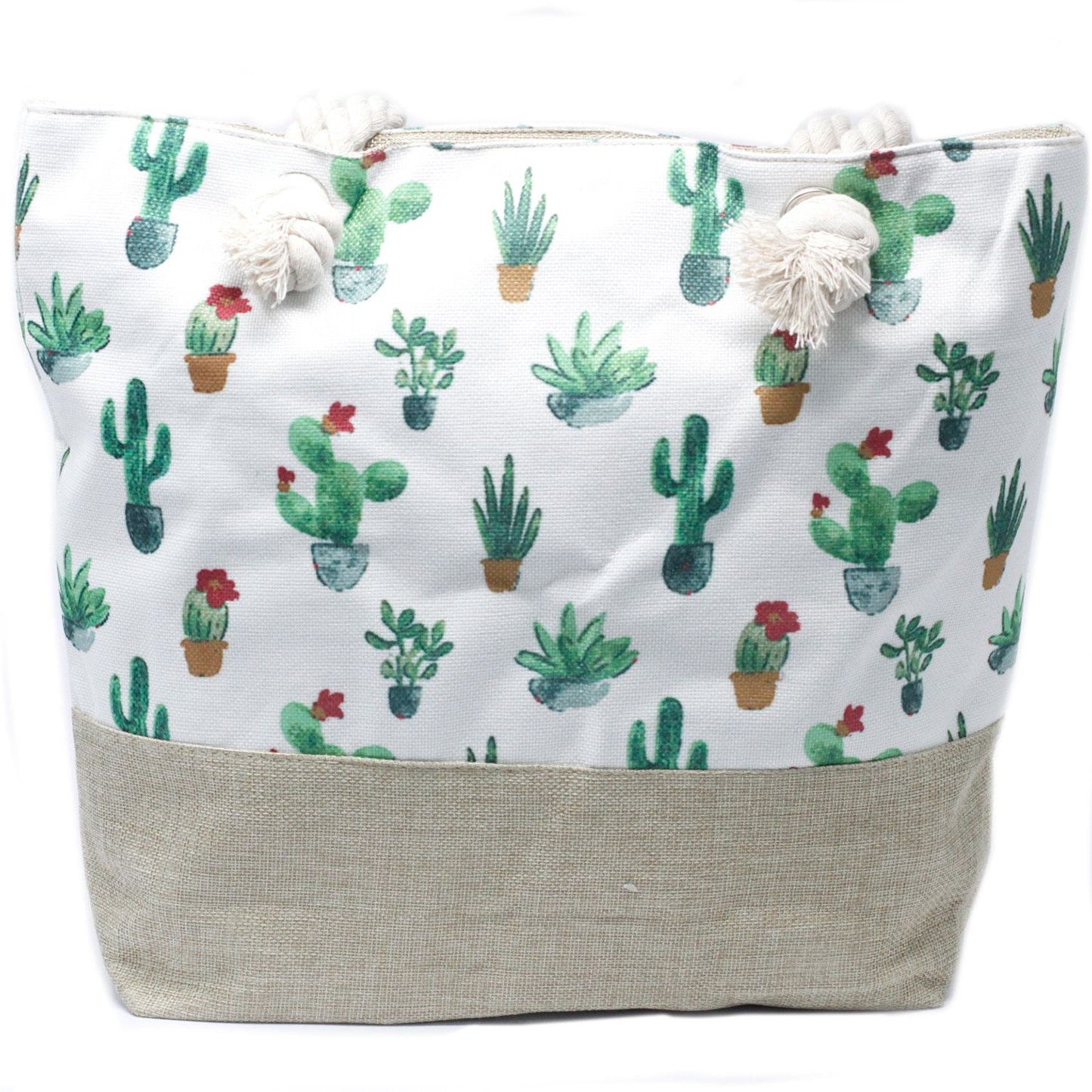 Woven canvas beach tote bag featuring a mini cactus design in green and beige with soft rope handles.