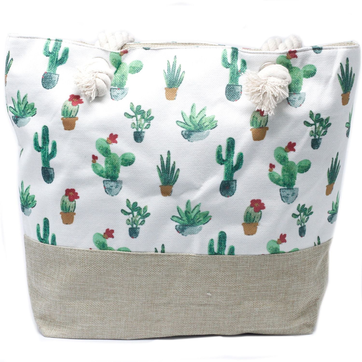 Woven canvas beach tote bag featuring a mini cactus design in green and beige with soft rope handles.