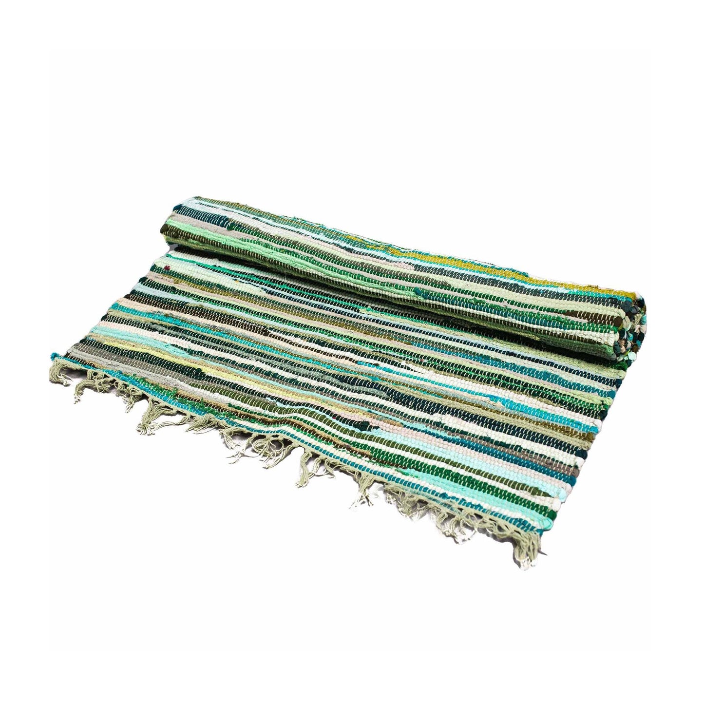 A small rectangular hand-woven rag rug featuring various shades of natural green fabric strips.