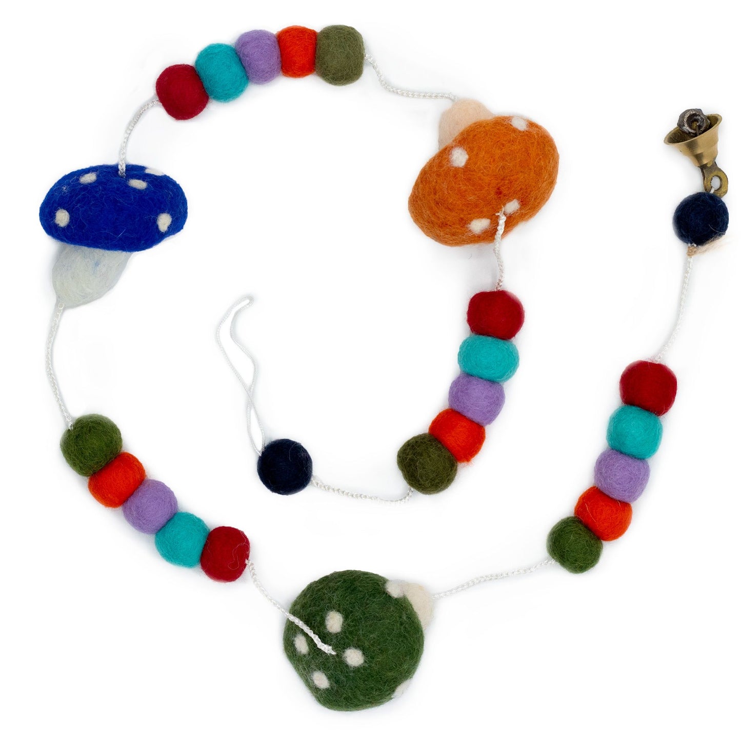 Handmade felt wall hanging featuring colourful mushrooms in various sizes and shades.
