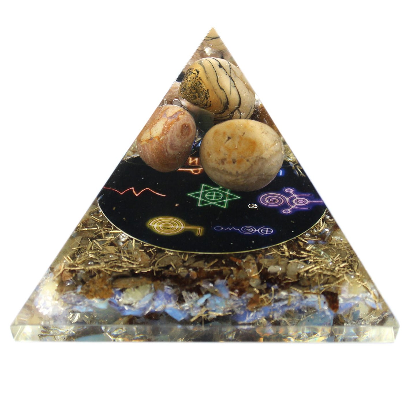 Sleek 70mm orgonite pyramid featuring dark resin, copper coils, and shimmering gemstone chips for energy healing.
