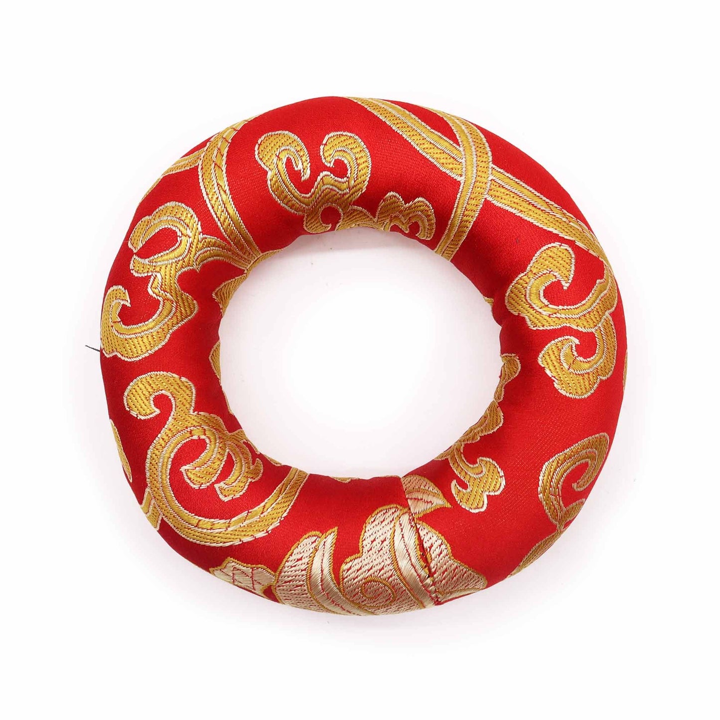 Vibrant red fabric hoop cushion designed to support a 12-14cm singing bowl on a flat surface.