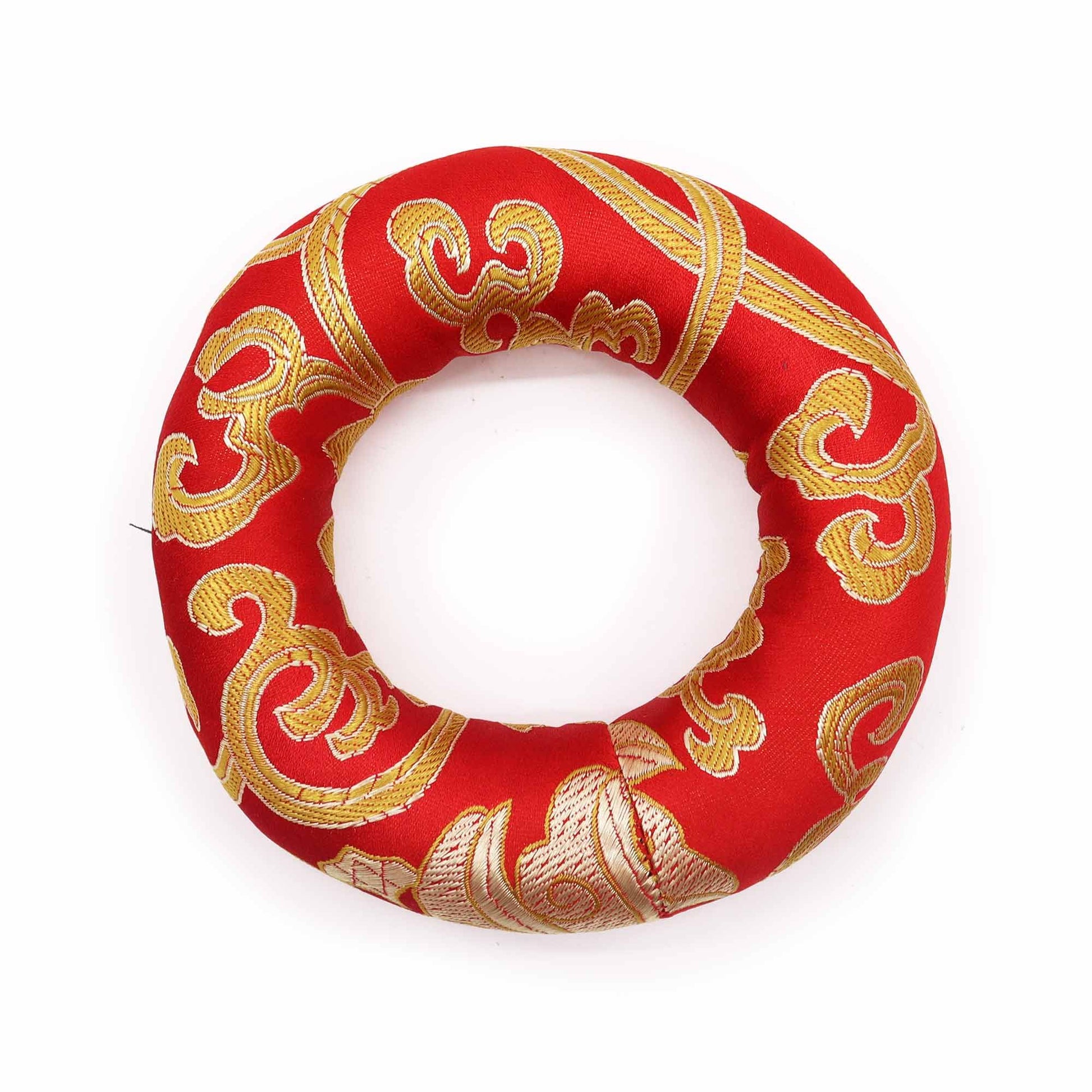 Vibrant red fabric hoop cushion designed to support a 12-14cm singing bowl on a flat surface.