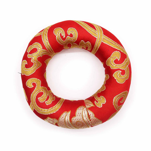 Vibrant red fabric hoop cushion designed to support a 12-14cm singing bowl on a flat surface.