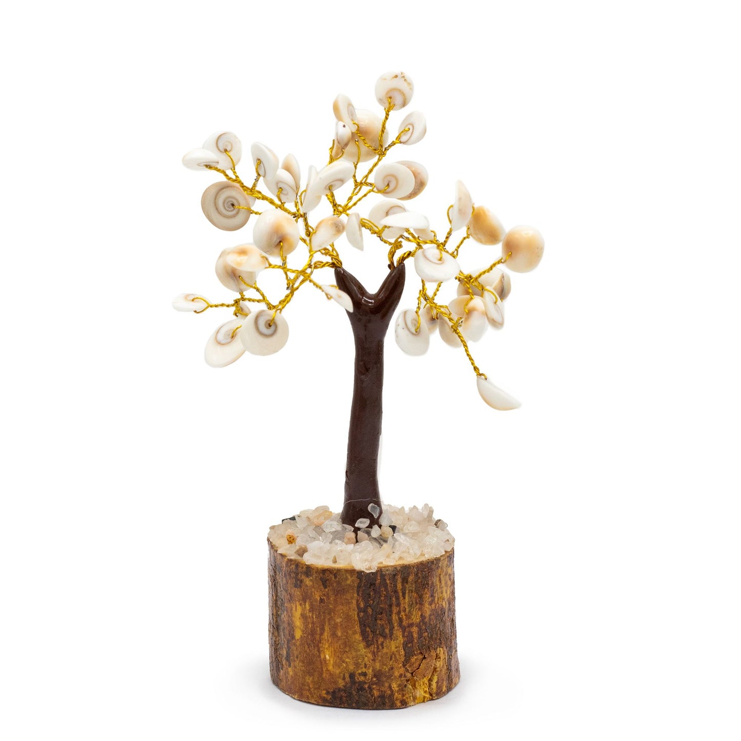 Beautiful spiritual stone tree featuring 45 white Gomati Chakra shells on wire branches with a circular wooden base.