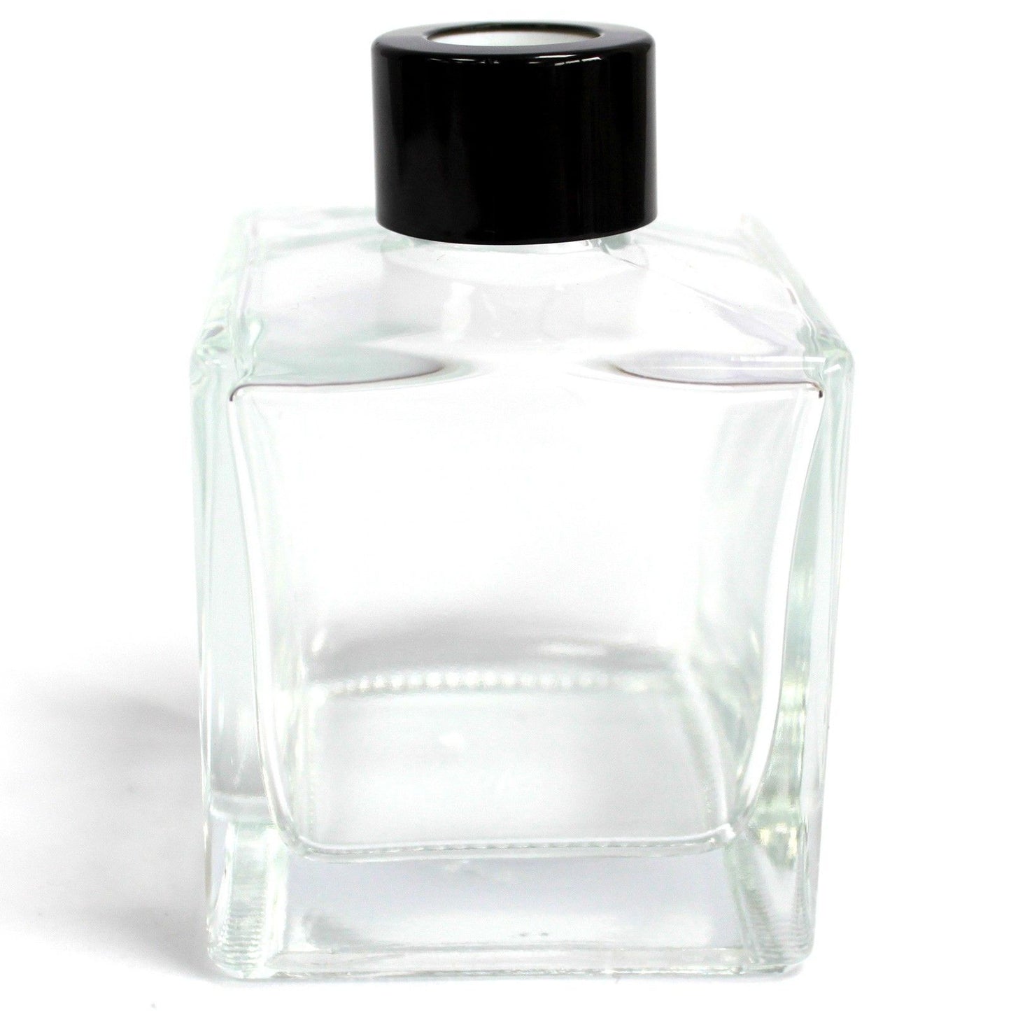 Clear 200ml square glass reed diffuser bottle with a sleek black screw cap and a minimalist design.