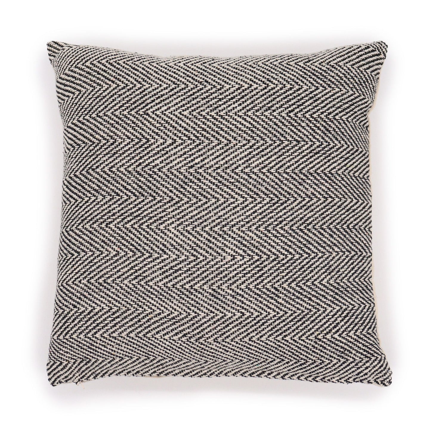 Square grey cushion cover featuring a fine herringbone pattern and traditional geometric design on high-quality cotton.