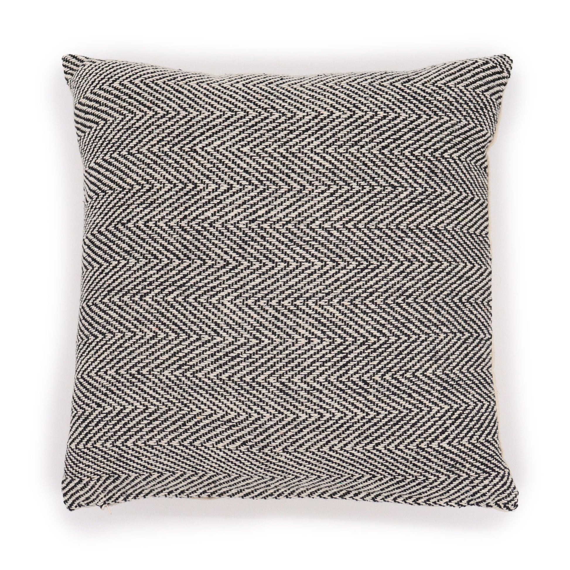 Square grey cushion cover featuring a fine herringbone pattern and traditional geometric design on high-quality cotton.