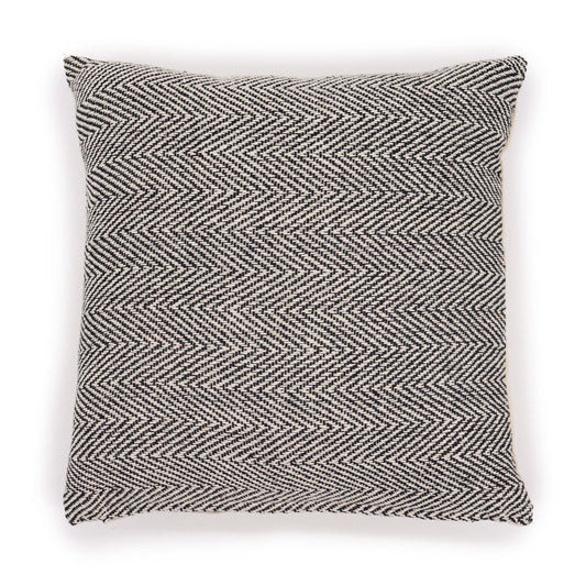 Square grey cushion cover featuring a fine herringbone pattern and traditional geometric design on high-quality cotton.