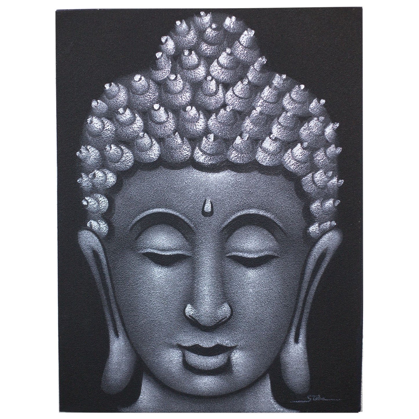 Hand-painted Buddha artwork with a textured grey sand finish on a canvas within a natural wooden frame.