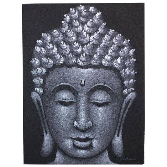 Hand-painted Buddha artwork with a textured grey sand finish on a canvas within a natural wooden frame.
