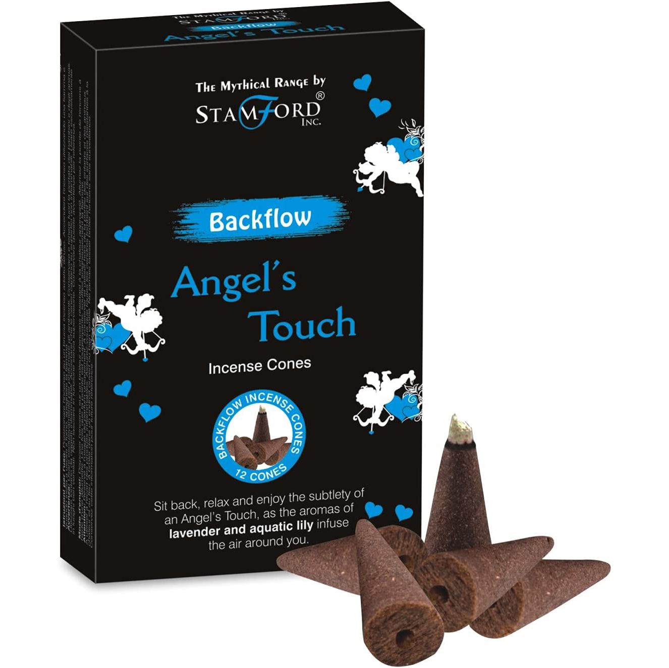 Angel Touch mythical backflow incense cones in a decorative box with a celestial design.