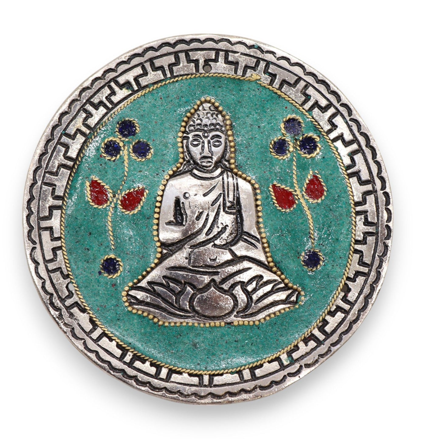 Detailed green aluminium incense holder featuring a seated Buddha design for standard incense sticks.