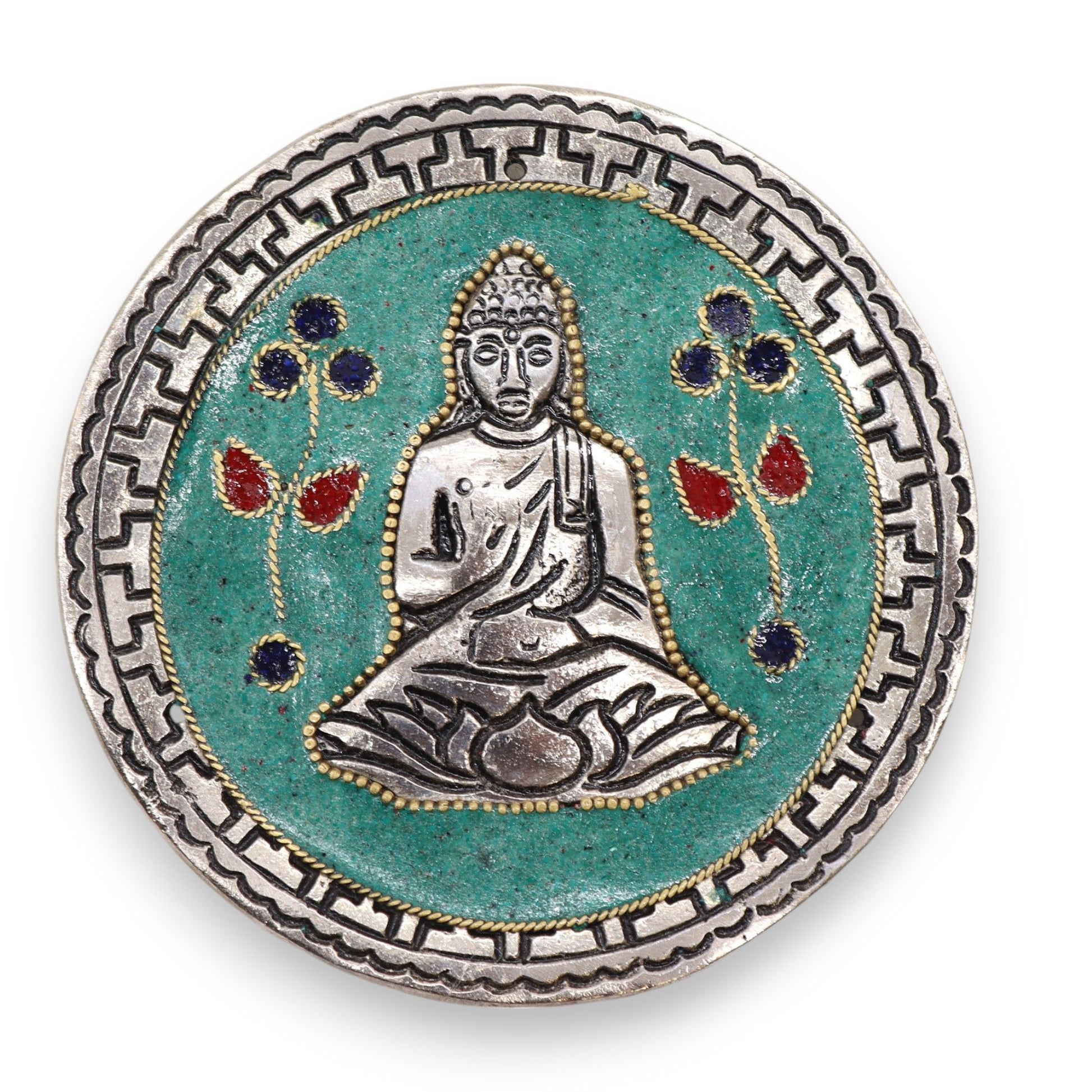 Detailed green aluminium incense holder featuring a seated Buddha design for standard incense sticks.