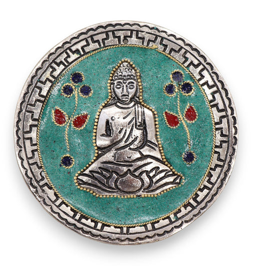 Detailed green aluminium incense holder featuring a seated Buddha design for standard incense sticks.