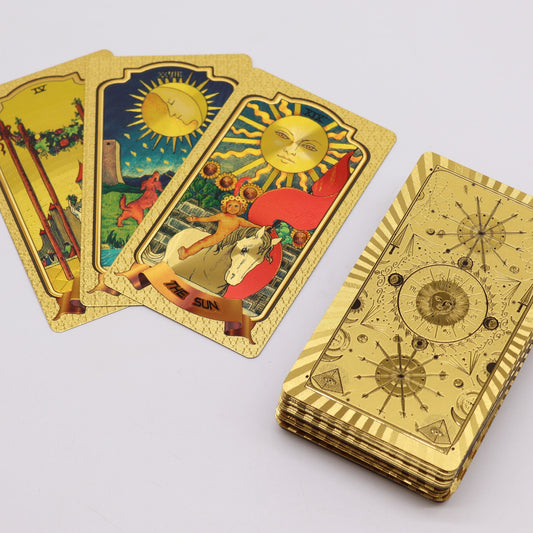 Elegant tarot deck featuring intricate gold foil illustrations on high-quality black cardstock for a sophisticated look.