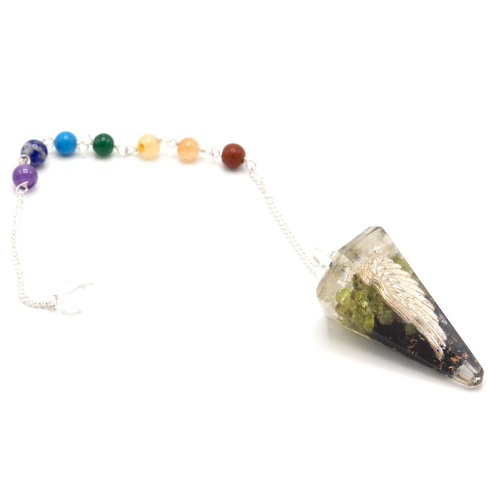 Orgonite pendulum with chakra stones and an intricate silver-toned angel wing charm.