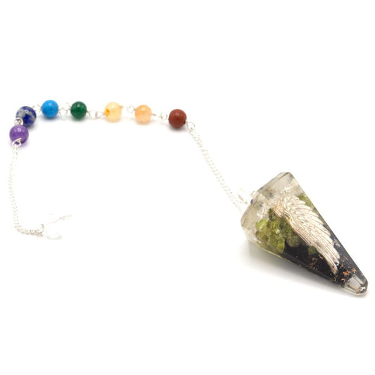 Orgonite pendulum with chakra stones and an intricate silver-toned angel wing charm.