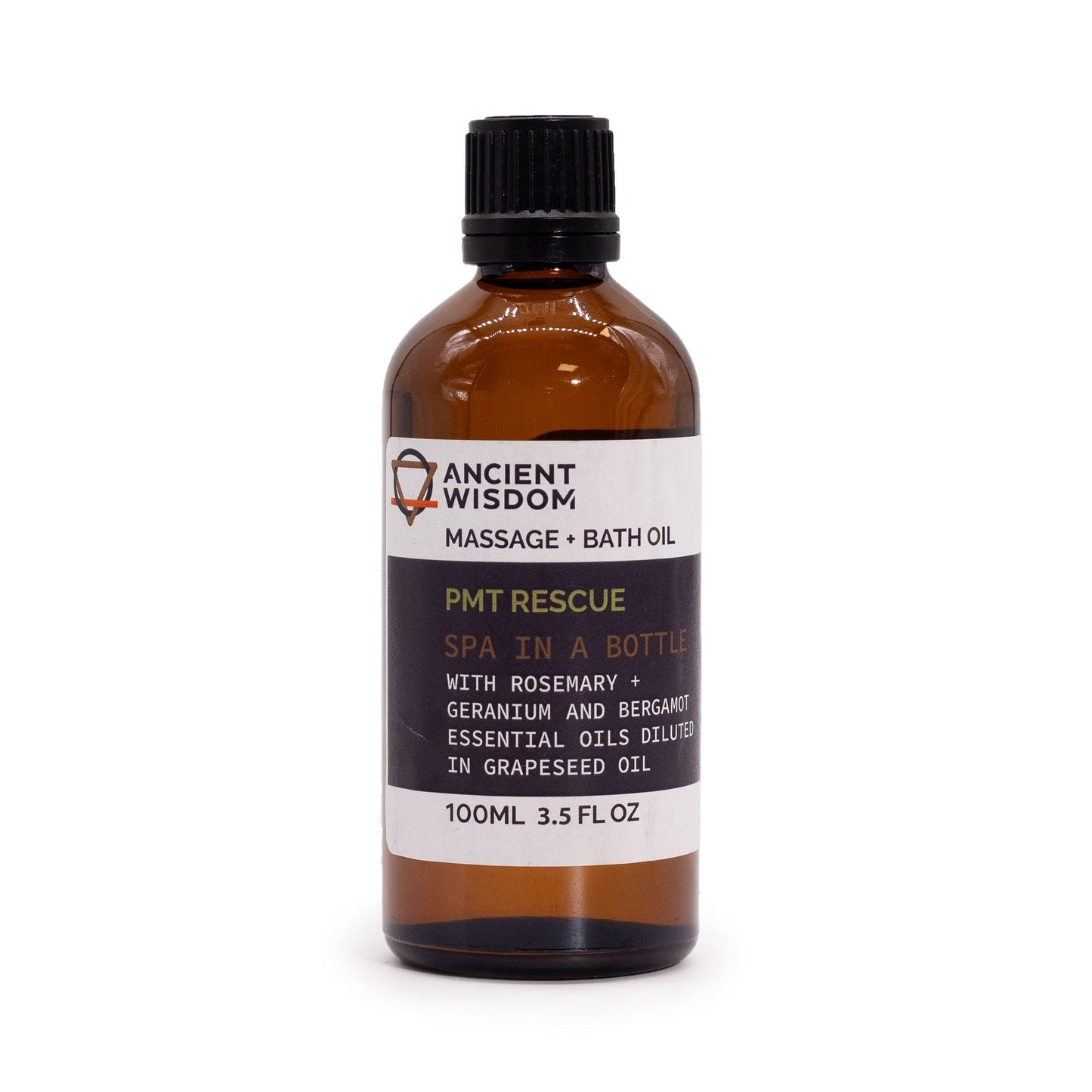 Clear 100ml bottle of amber-coloured massage oil with a simple professional label on a white background.