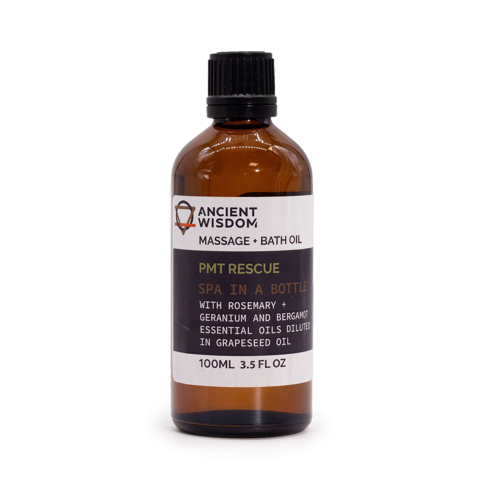 Clear 100ml bottle of amber-coloured massage oil with a simple professional label on a white background.