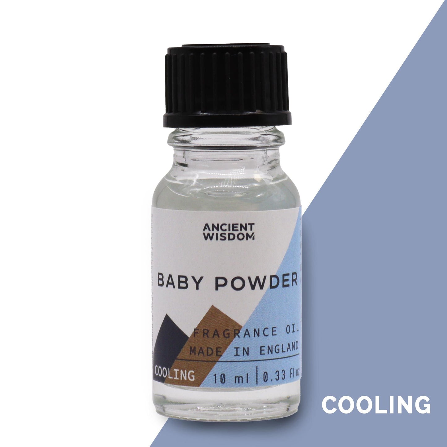 A 10ml amber glass bottle of baby powder scented fragrance oil with a white dropper cap.