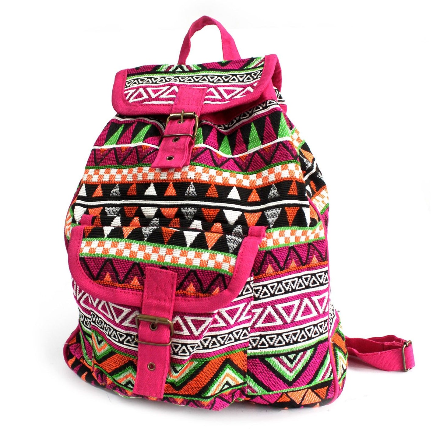 Stylish pink backpack made with ethnic jacquard fabric featuring traditional patterns.