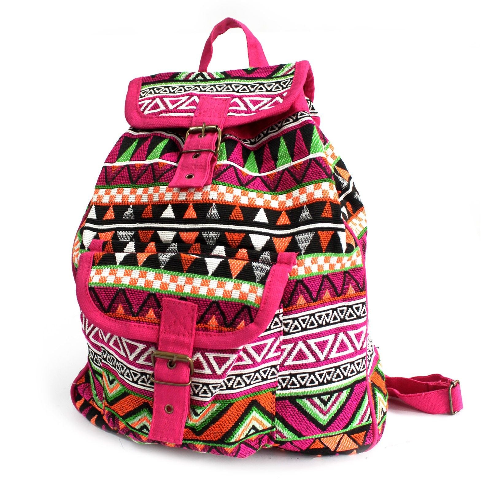 Stylish pink backpack made with ethnic jacquard fabric featuring traditional patterns.
