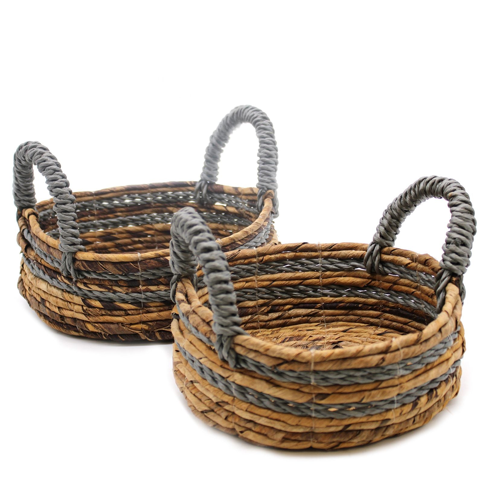 Set of two square handwoven baskets made from natural banana leaf and textured grey raffia with integrated handles.