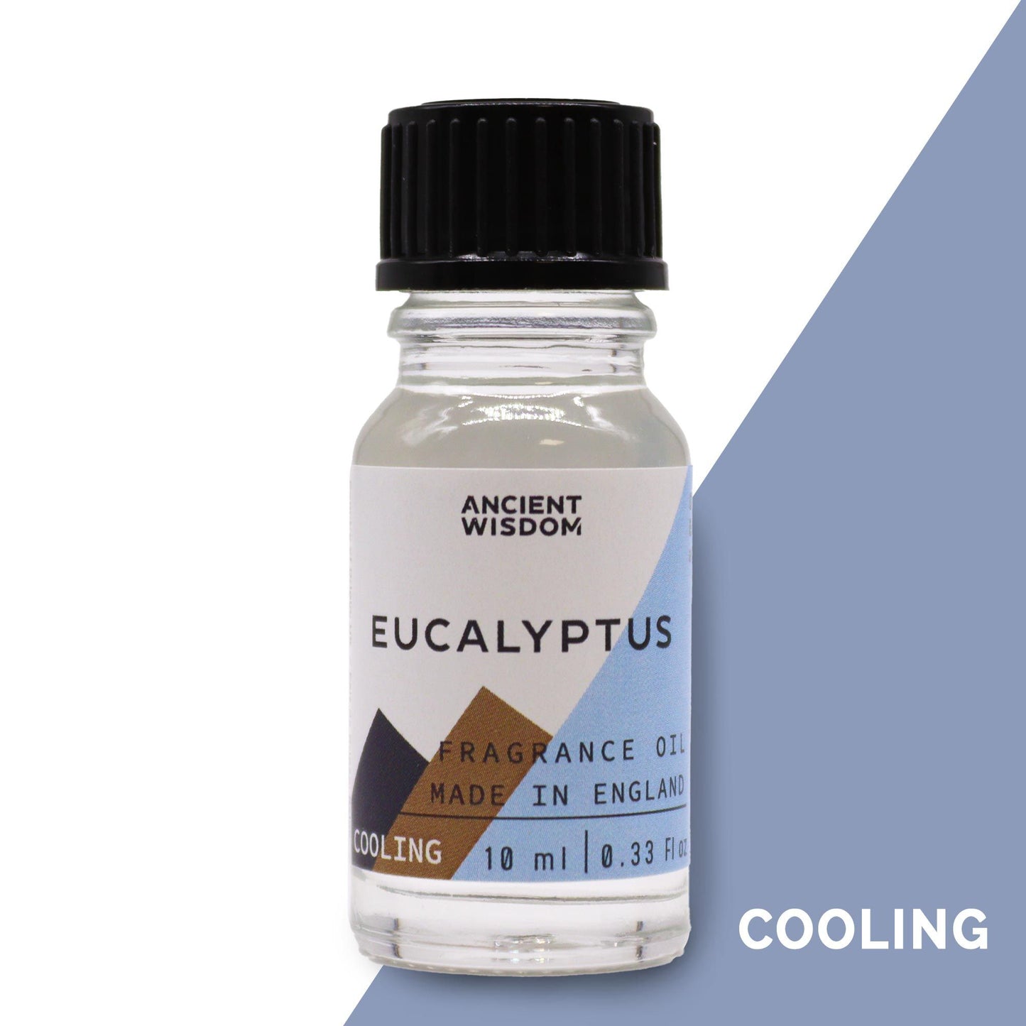 Small 10ml amber glass bottle of eucalyptus fragrance oil with a black dropper cap and a minimalist white label.